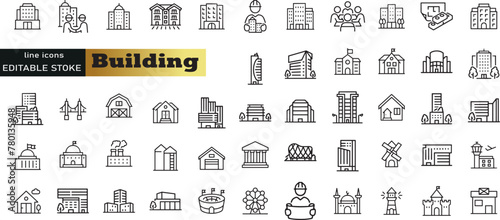 Building web icons in line style. Hotel, hospital, apartament, city, town house, mall, coffee, collection. Vector illustration.