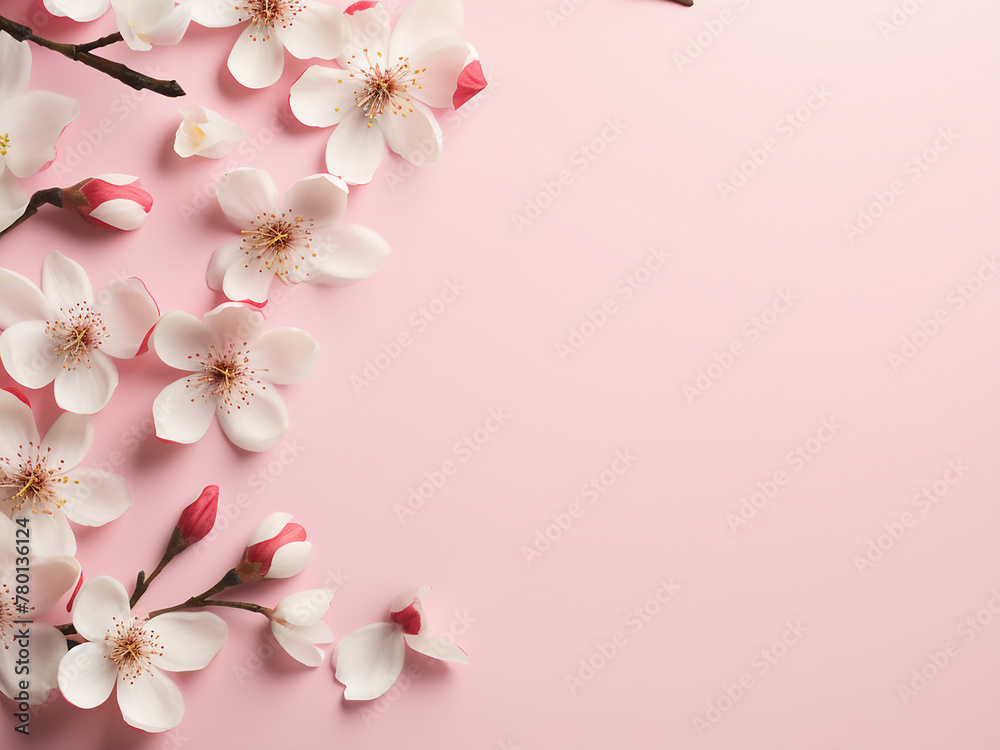 Pastel pink backdrop with white lilac petals arranged in a flat lay