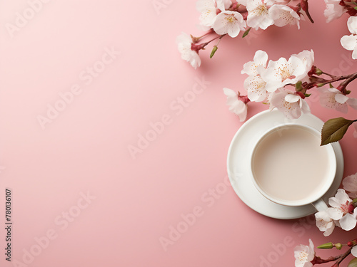 Minimalist-style template features coffee cup and blooming apple tree flowers on pink