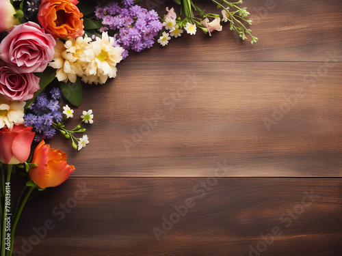 Wooden background hosts a creative card concept with flowers
