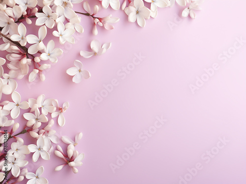 Top-view composition with white lilac petals on pink backdrop