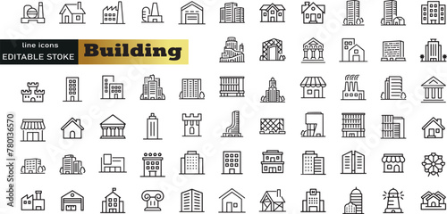 Building web icons in line style. Hotel, hospital, apartament, city, town house, mall, coffee, collection. Vector illustration.