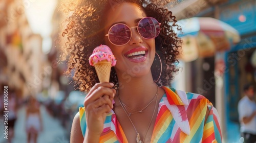 beautiful woman eating ice cream on the street