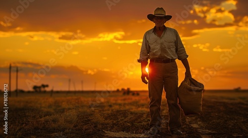 A man in a hat and a white shirt is standing in a field with a basket