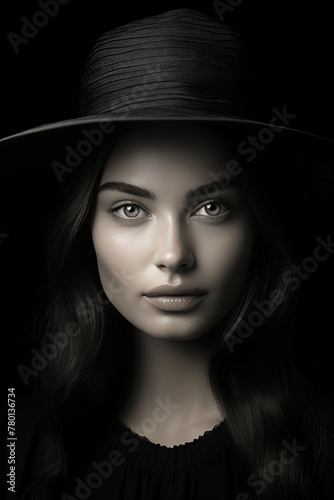 Elegant  woman in vintage-inspired  hat, timeless sophistication and style, black and white photo