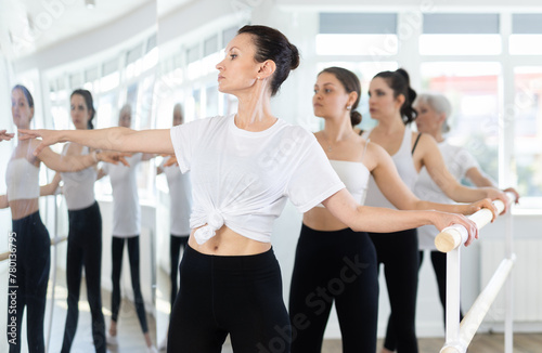 Group of women rehearsing ballet moves at barre in dance studio