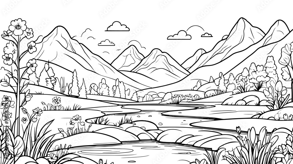 Majestic Mountains and River Landscape, Theme coloring page activity for kids and adults Majestic Mountains and River Landscape, Theme coloring page activity for kids and adults