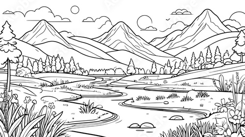 Coloring Page With River and Mountains, Theme coloring page activity for kids and adults