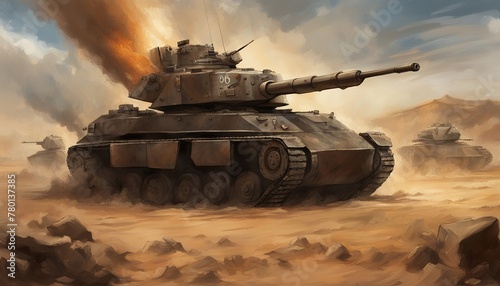 Tank Braving Mines in Desert Warzone Painting photo