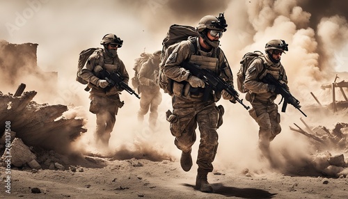 Special Forces Troops Advance Through Warzone Illustration