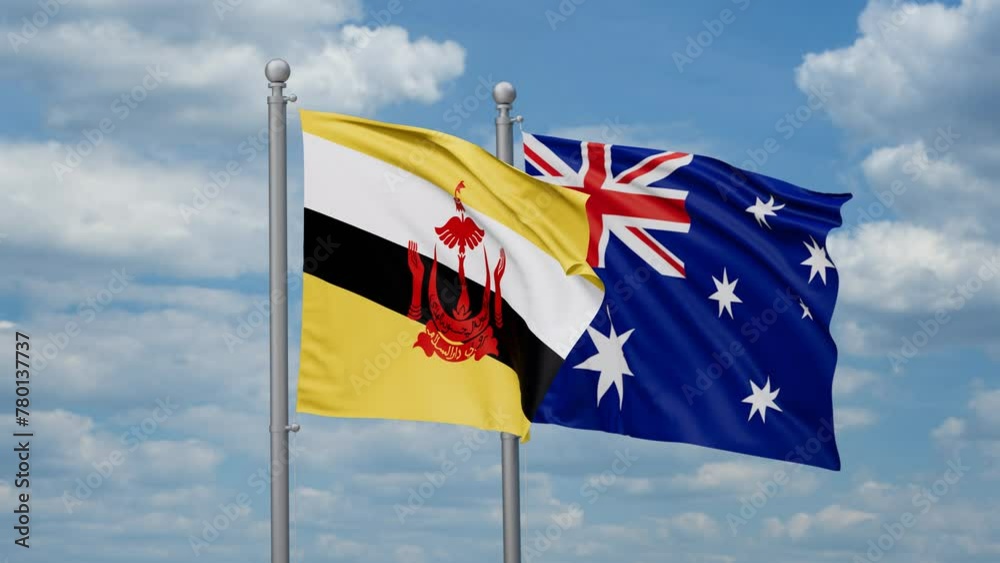 Australia and Brunei two flags waving together, looped video, two country relations concept Australia and Brunei two flags waving together, looped video, two country relations concept