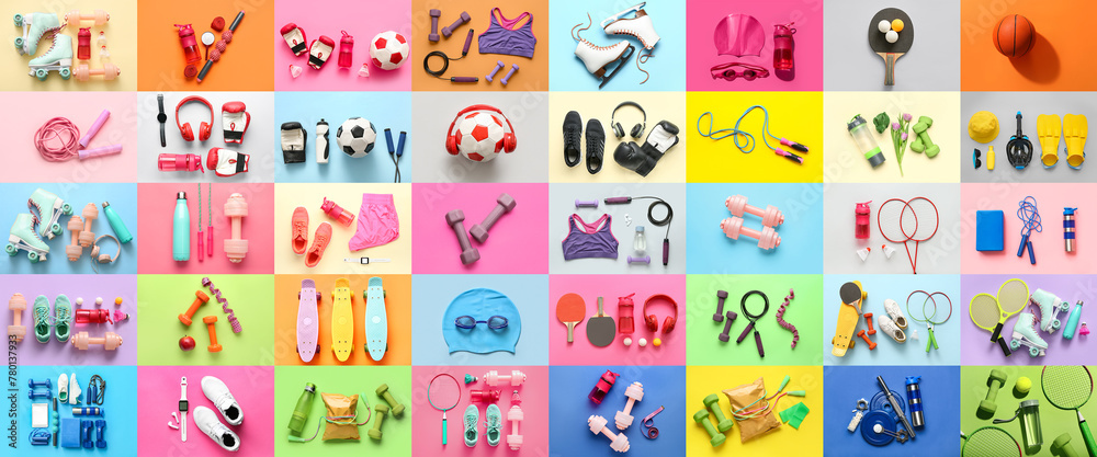 Fototapeta premium Collection of sports equipment on color background