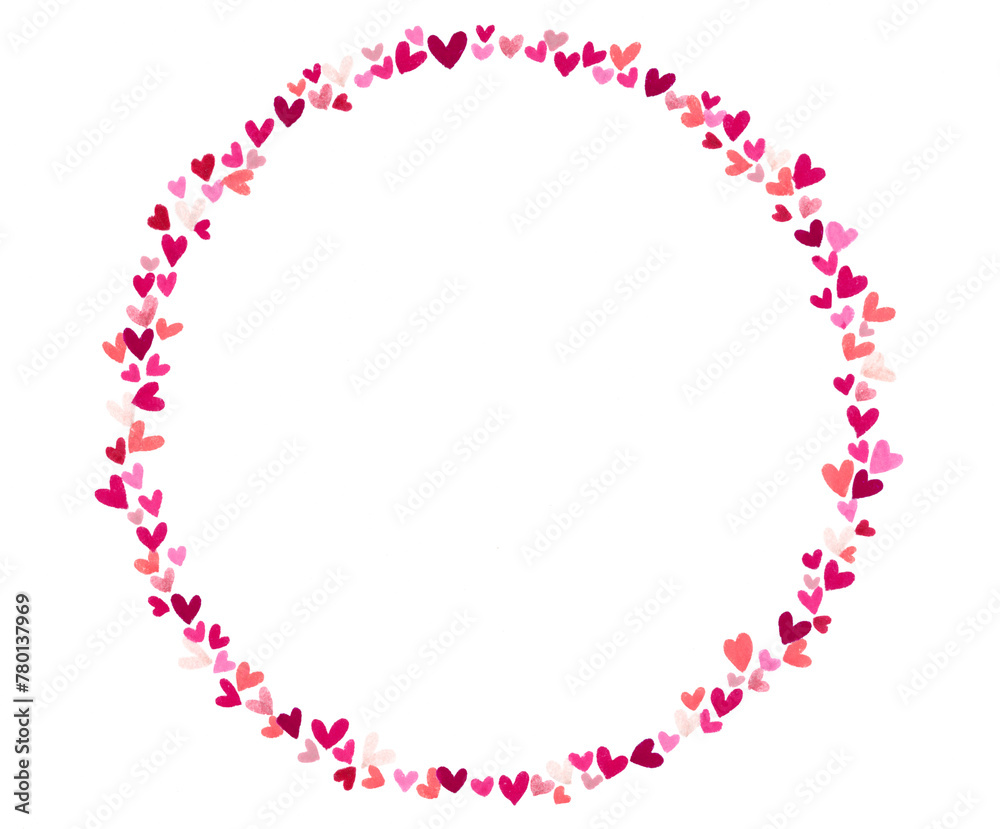 Marco circular / Corona de pequeños corazones sobre fondo blanco hecho a mano con marcadores punta pincel de colores en la gama de los rosados. Se puede usar como fondo para escribir una frase adentro