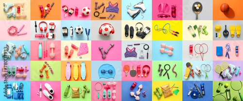 Collection of sports equipment on color background