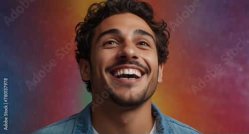 young italian man on plain bright colorful background laughing hysterically looking at camera background banner template ad marketing concept from Generative AI