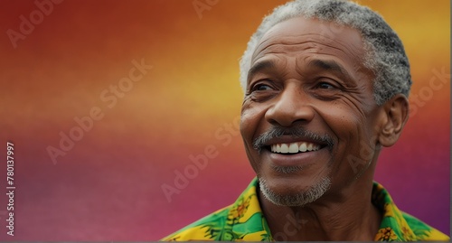 young jamaican elderly man on plain bright colorful background laughing hysterically looking at camera background banner template ad marketing concept from Generative AI
