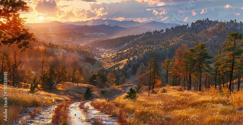 Breathtaking Autumn Landscape, Mountains Awash in Fall Colors, Sunrise Illuminating the Misty Countryside, a Scenic Masterpiece