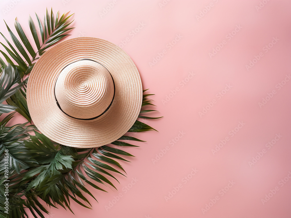 Summer vacation concept depicted in a minimalist collage with hat, fern leaves, and seashell