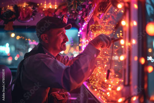 Man decorating a storefront with twinkling lights, bringing festive cheer to the neighborhood photo