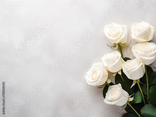 Top view presentation of a bouquet of fresh white roses with space for text on a pastel background