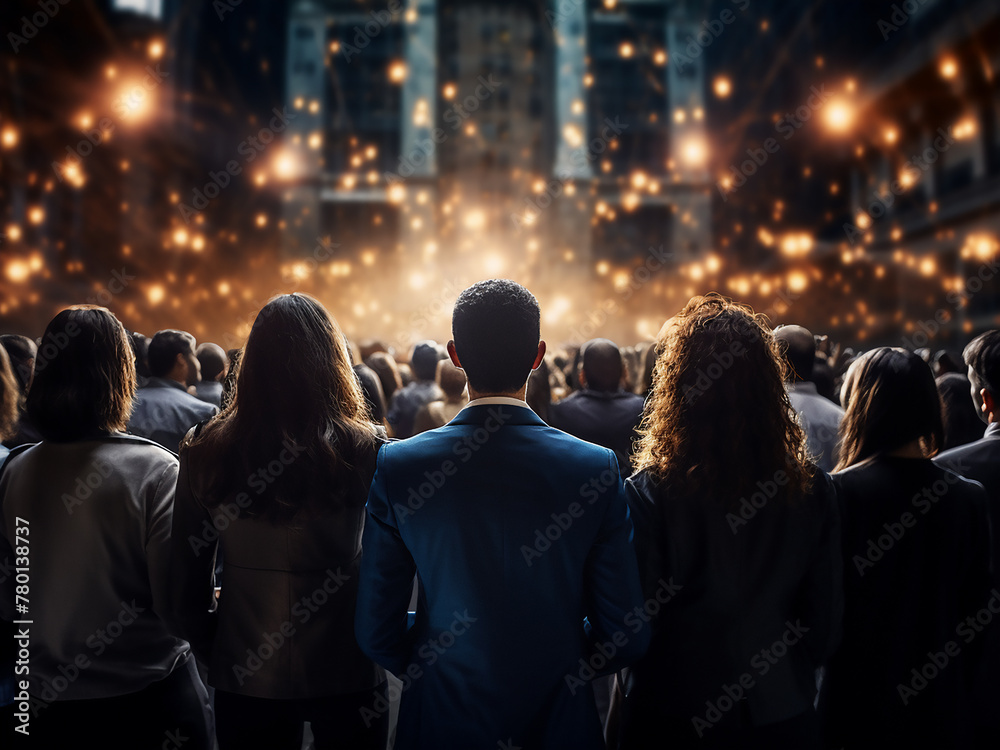 Businesspeople seen standing with their backs turned against a backdrop of lights