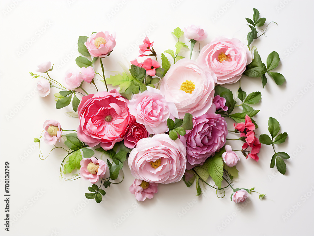 Corner floral composition featuring pink English roses and ranunculus on a white table