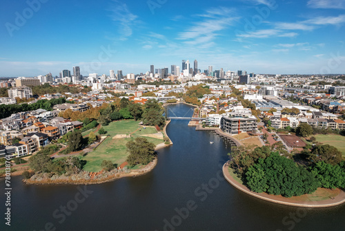 Aerial view of the Perth city skyline across Claisebrook Cove in East Perth