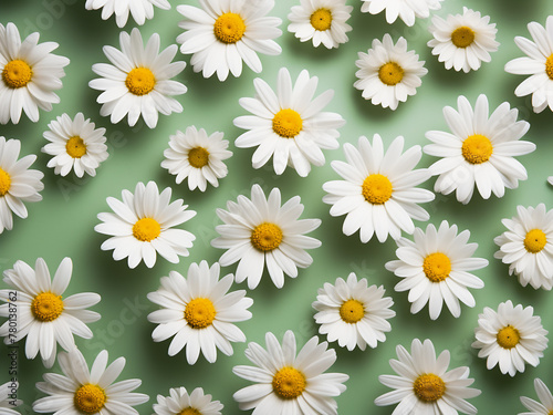 Floral pattern of white chamomile flowers in a flat lay, capturing a summery vibe
