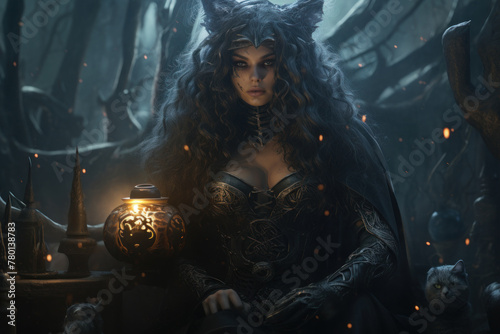 Mystical sorceress with a crystal ball in an enchanting dark lair, conjuring ancient spells photo