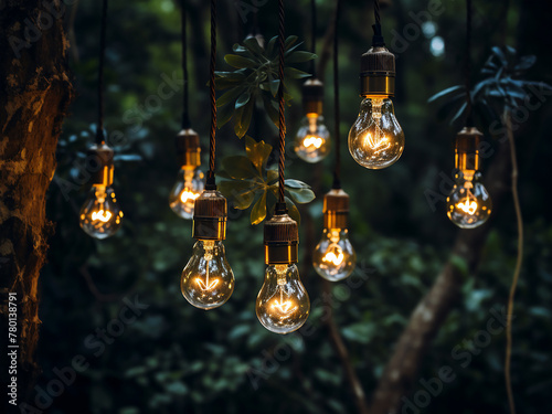 Antique Edison-style filament bulbs adorning the forest ambiance photo