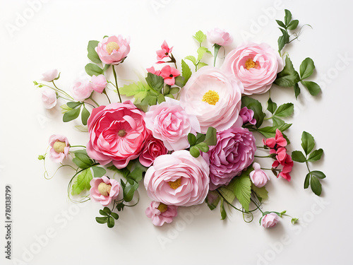 Corner floral composition featuring pink English roses and ranunculus on a white table © Llama-World-studio