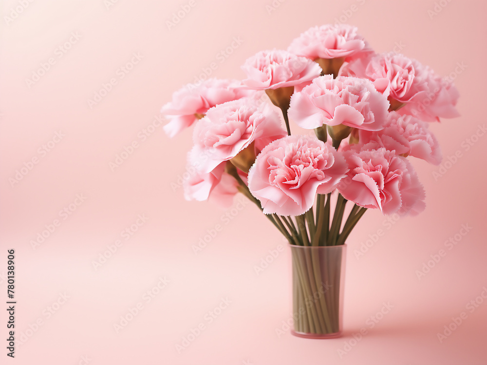 Obraz premium Mother's Day design concept with carnation bouquet on pastel pink table background