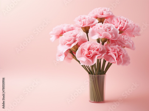 Mother's Day design concept with carnation bouquet on pastel pink table background © Llama-World-studio