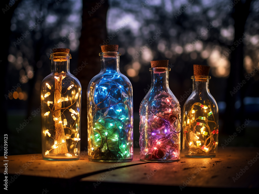 Outdoors, Christmas decorations feature empty bottles adorned with twinkling lights Outdoors, Christmas decorations feature empty bottles adorned with twinkling lights