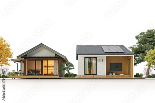 A cozy bungalow and a contemporary eco-friendly smart home, delineated by a noticeable line, old vs new  house photo