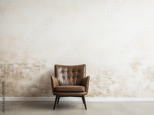 Minimalistic loft style features an empty modern chair against a white brick wall © Llama-World-studio
