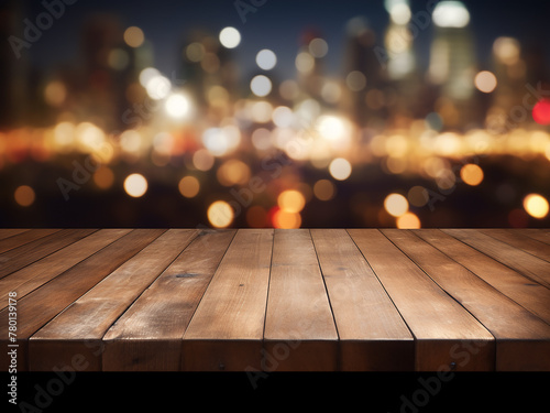 Product display setting features an empty wooden table against a backdrop of city lights