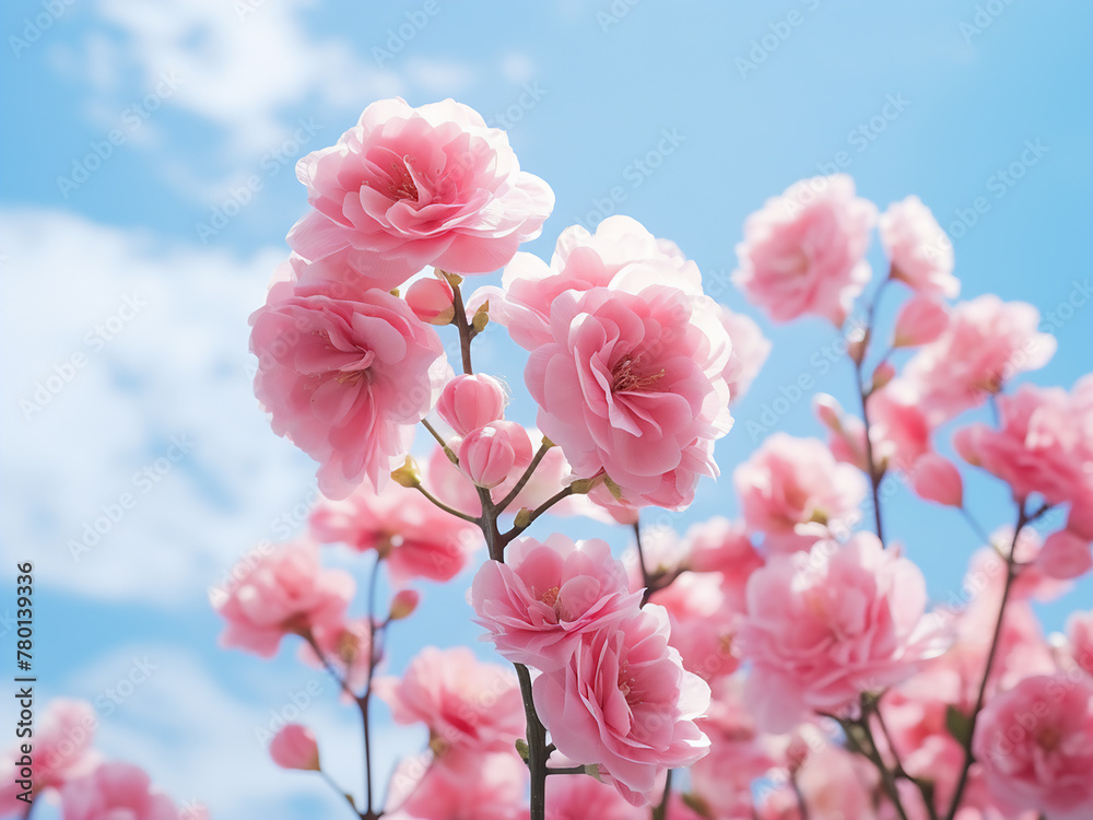 Blue sky serves as a backdrop for fantasy pink flowers