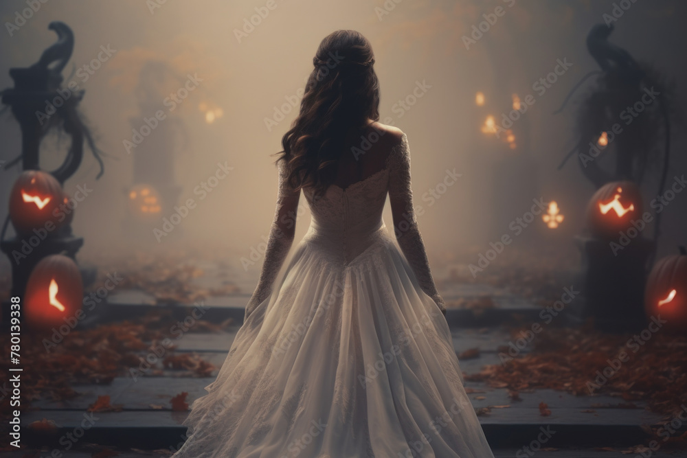 Bride facing a surreal array of jack-o'-lanterns in a mystical halloween wedding scene.