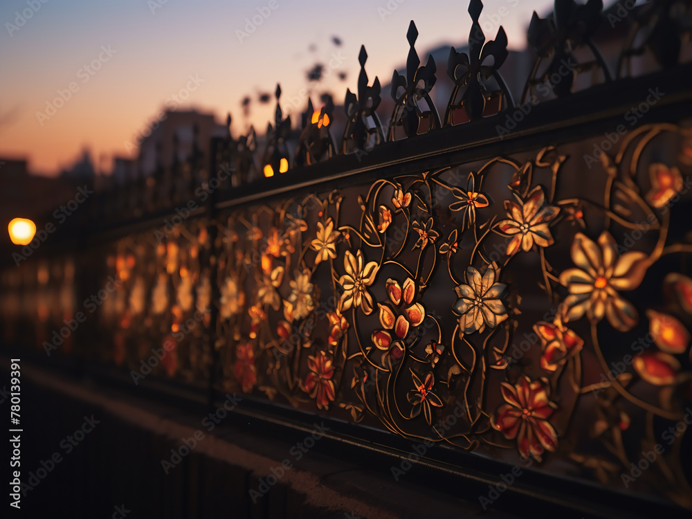 Oriental and Turkish patterns decorate fence with floral pattern and stars at sunset - obrazy, fototapety, plakaty 