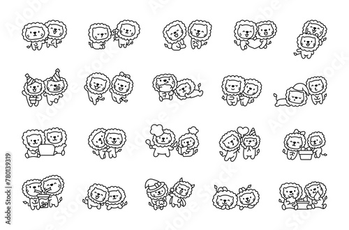 Funny couple of lion cartoon characters. Coloring Page. Cute kawaii animal friends. Hand style. Vector drawing. Collection of design elements.
