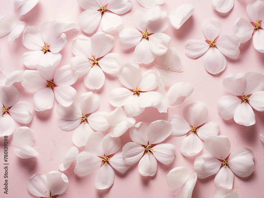 Against a pink background, white flower petals are arranged in a flat lay
