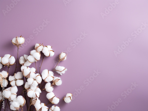 Violet background serves as a canvas for flat lay arrangement featuring cotton flowers