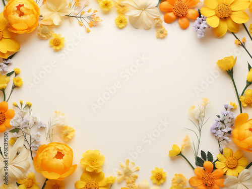 From above, a flat lay frame showcases spring flowers on a vibrant yellow background