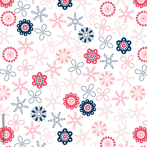 Crispy daisies design pattern with stars and dashed stripes