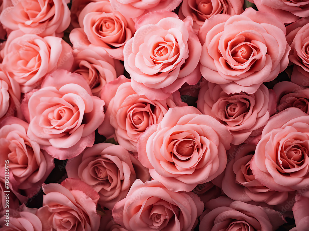 The image showcases an abundance of pink roses creating a floral background