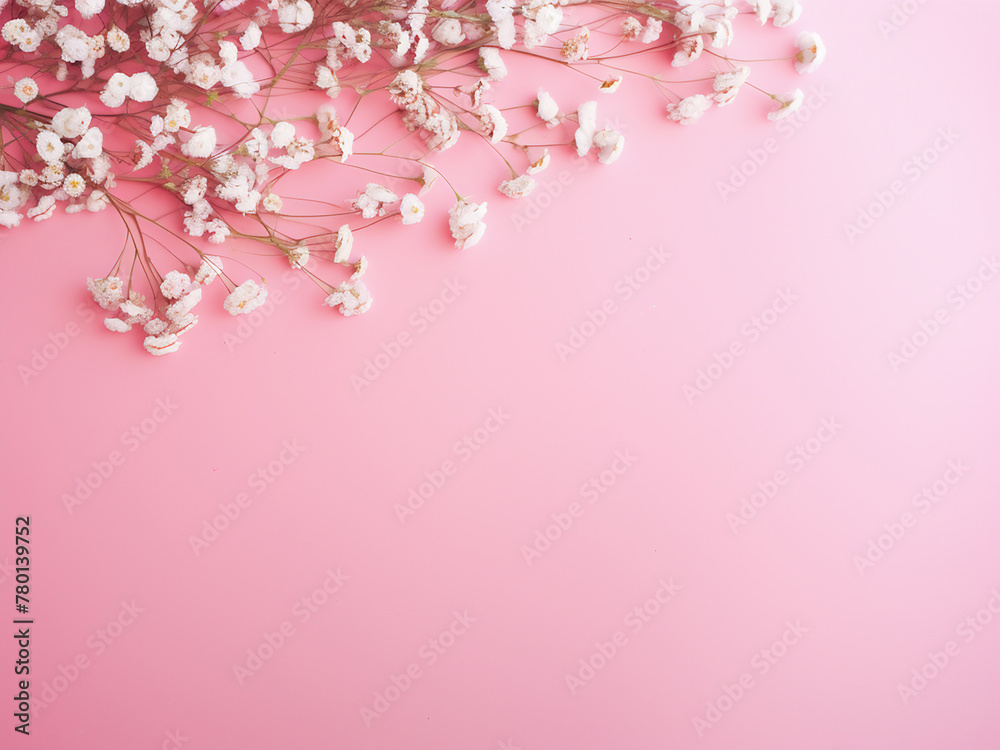 A pastel pink backdrop adorned with small colorful flowers and gypsophila provides copy space