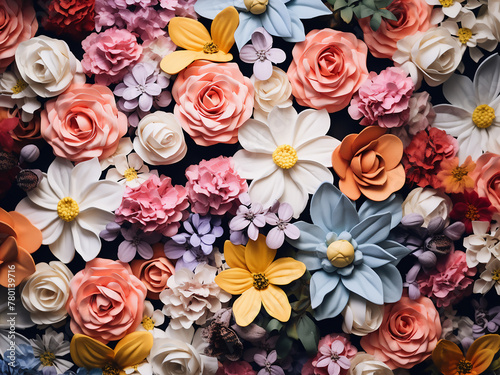 Artificial flowers in a variety of colors create a vibrant floral background in the image