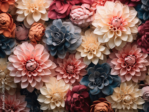 Pastel-colored roses and dahlias form a floral background © Llama-World-studio