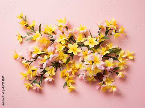 Forsythia blooms on pink, symbolizing the vibrant energy of summer